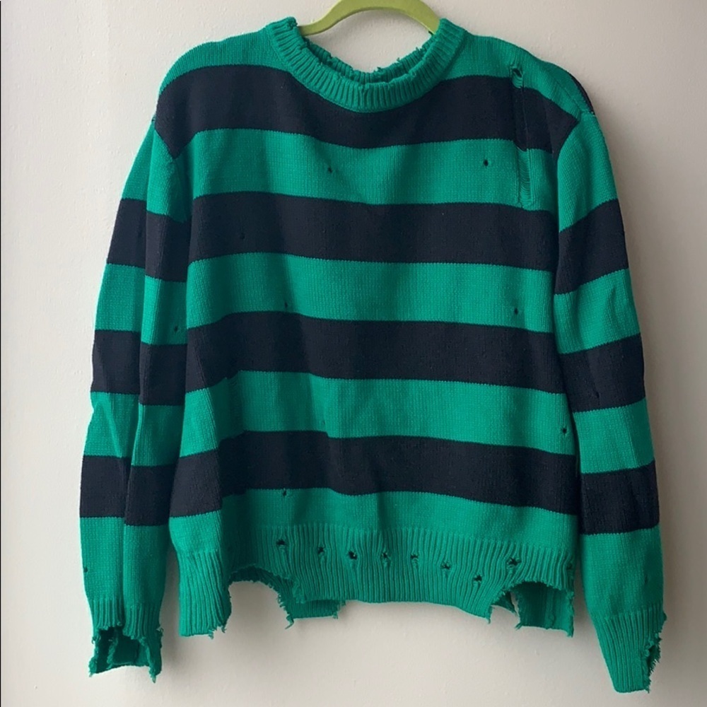 RD style green black stripe distressed sweater